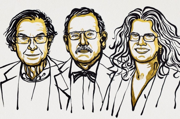 Laureáti Nobelovy ceny za fyziku 2020. Zleva: Roger Penrose, Reinhard Genzel a Anrea Ghez.