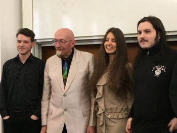Theoretical physicist and Nobel Prize laureate Kip Thorne posing with students at Charles University on May 15, 2019. Personal archive of Jan Velinger.