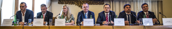 European varsity league officials, former education minister MP Kateřina Valachová, Charles University Rector Tomáš Zima, meet at the Carolinum. September 2, 2019. Photo: Luboš Wišniewski.